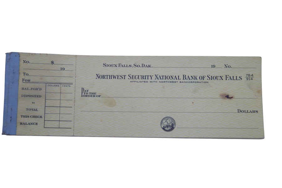 Vintage bank check Northwest National bank of Sioux falls.