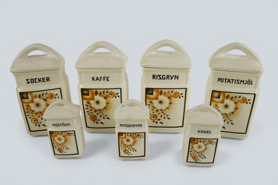 Krydd- och skafferiset, 7 delar, 1970-tal, brun/orange blomdekor
