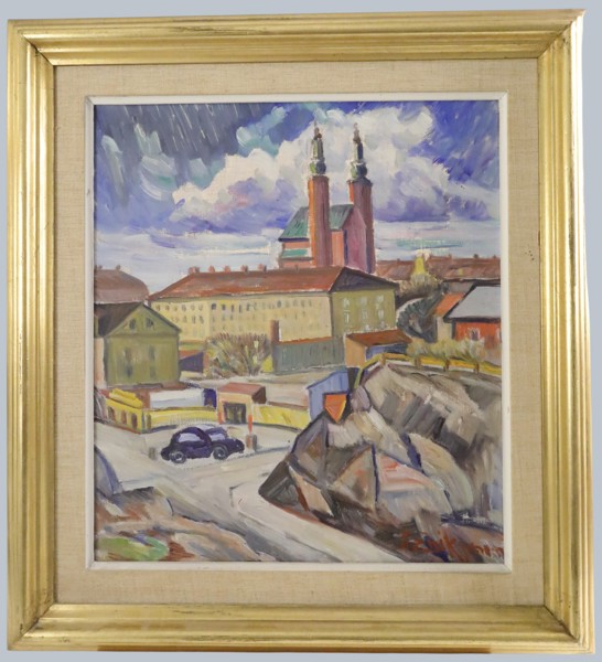 STADSVY MED KYRKA, olja på duk, signerad (svårtydd), troligen 1930-tal.
