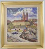 STADSVY MED KYRKA, olja på duk, signerad (svårtydd), troligen 1930-tal.
