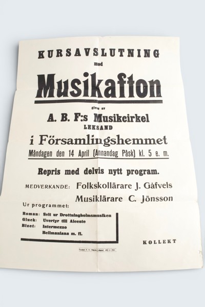 LEKSAND 1941. MUSIKAFTON. Affisch, ABF:s musikcirkel, Församlingshemmet.