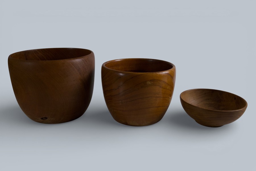 3 TRÄSKÅLAR, teak, Laurids Lønborg Danmark samt Sibel Craft Sverige