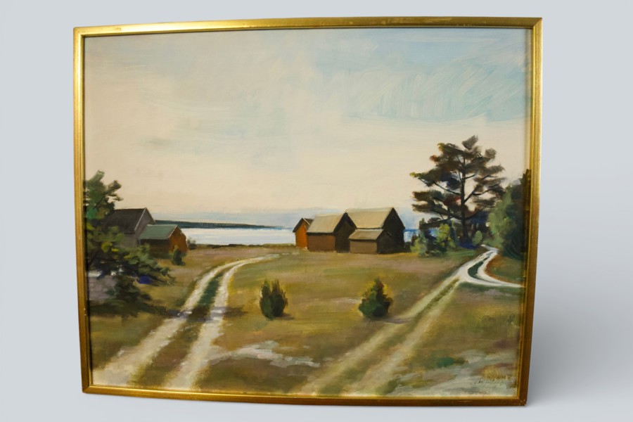 MÅLNING. “VID SKÄLS LÄGE – FÅRÖ”.OIDENTIFIERAD KONSTNÄR. Oläslig signatur. Kan vara Curt Viberg.