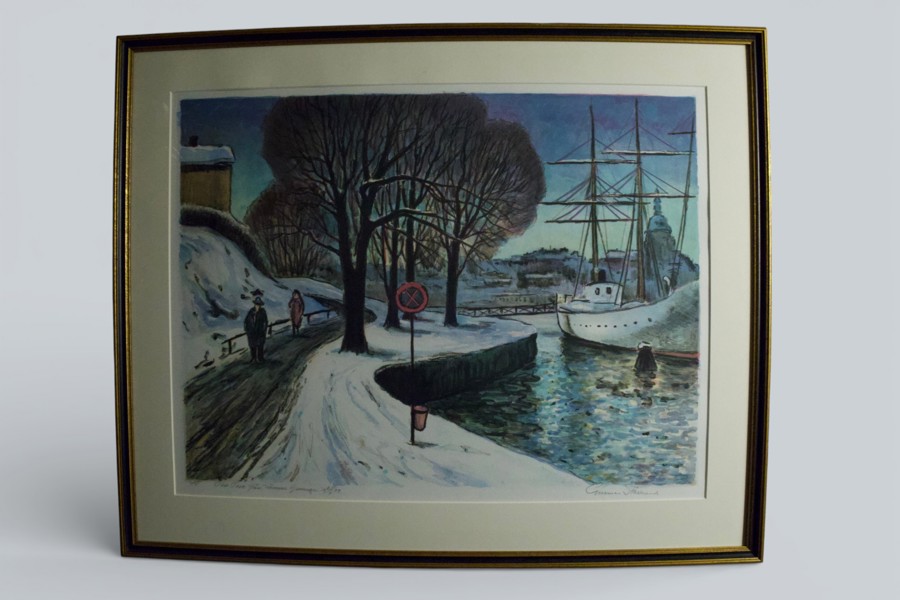 GUNNAR STÅHLAND. FÄRGLITOGRAFI. “VINTER FRÅN DÄMMAN, GIMO”, 1972.