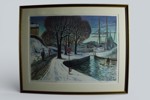 GUNNAR STÅHLAND. FÄRGLITOGRAFI. “VINTER FRÅN DÄMMAN, GIMO”, 1972.