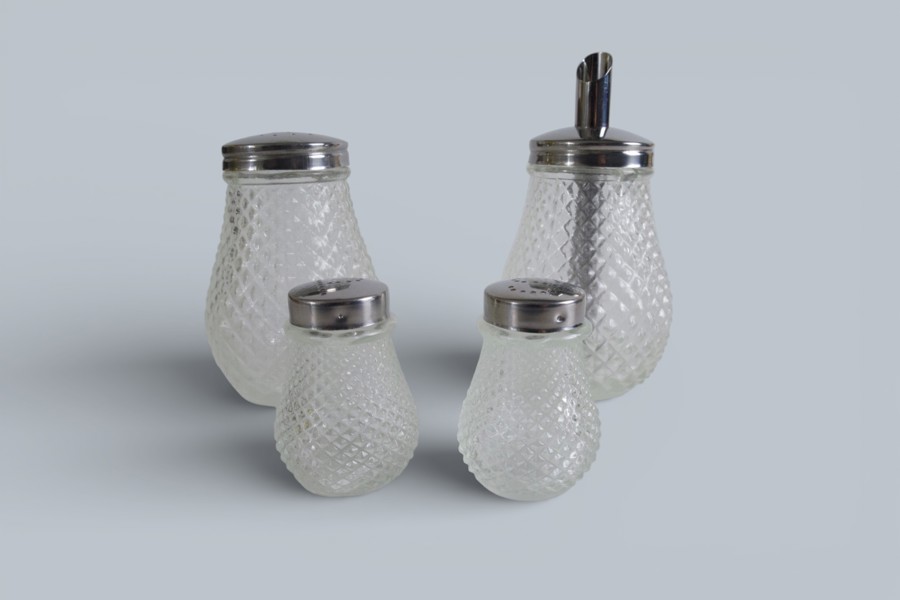 KRYDDSET, GLAS OCH METALL, 4 DELAR, 1900-TAL