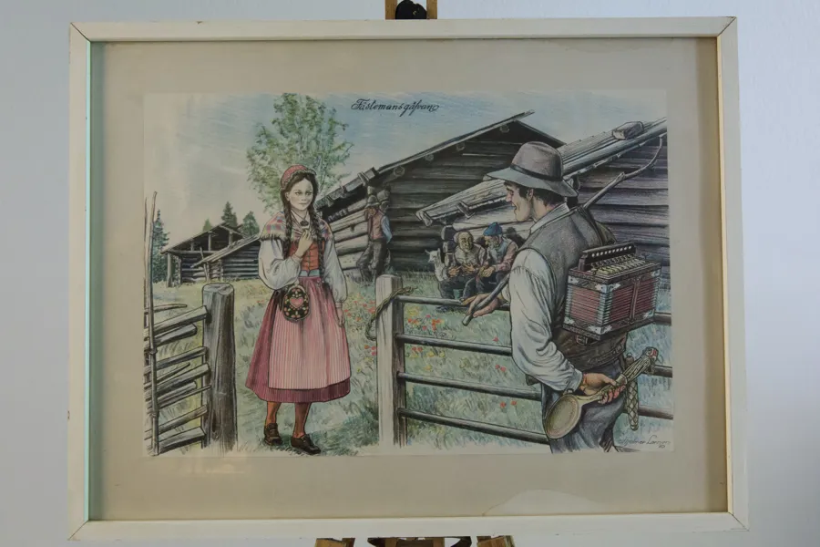 HJALMAR LARSSON. "Drömmen om Elin: Fästmansgåfva". Färglitografi, signerad i trycket, 1970.