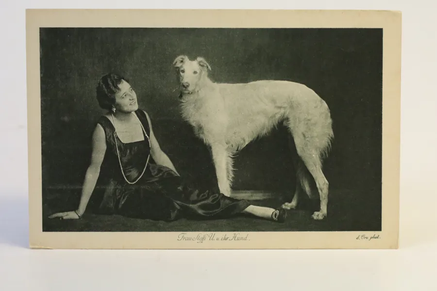 D’ORA, DORA KALLMUS. Dam med borzoi, fotografiskt konstkort ur Henry B. Goodwins privata samling, Wien, omkring 1910–1920.