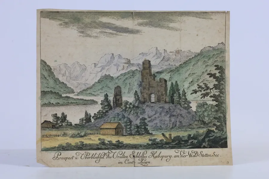 DANIEL DÜRINGER (1720–1786), tillskriven, ”Prospect u. Überbleibsel des uralten Schlosses Habspurg am Vier Wald Stetten See im Cant. Lucern”.