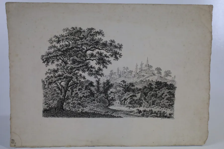 W. KRAPPE, gravör. Landskap med kyrka och gårdsbebyggelse, kopparstick, sannolikt 1800-tal.