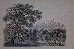 W. KRAPPE, gravör. Landskap med kyrka och gårdsbebyggelse, kopparstick, sannolikt 1800-tal.