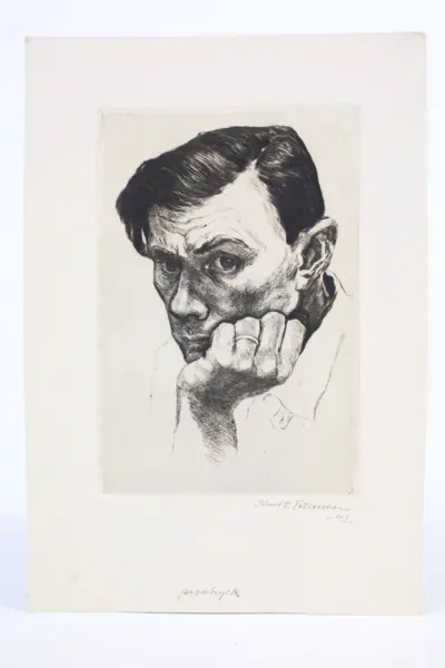 KNUT V. PETTERSSON (1906–1969), självporträtt, grafiskt blad, sannolikt etsning/torrnål, provtryck, signerat och daterat 1943.