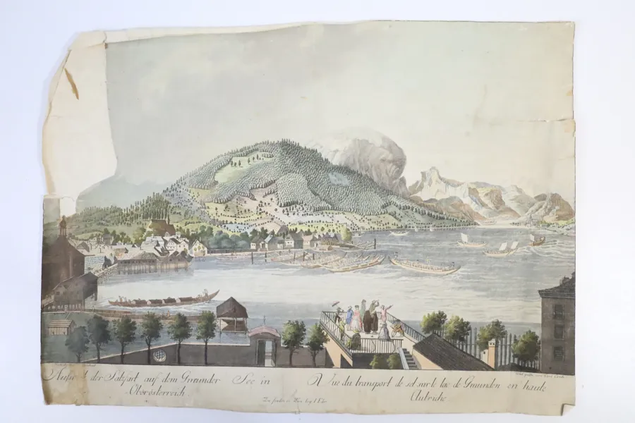 CARL CONTI (1741–1795), handkolorerad etsning, ”Salzfahrt auf dem Traunsee”, omkring 1810