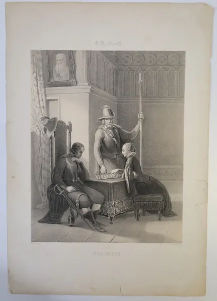 CARL THEODOR STAAFF (1816–1880) och OSCAR CARDON (1812–1875), grafiskt blad, litografi, ”Schackparti”, 1800-talets mitt.