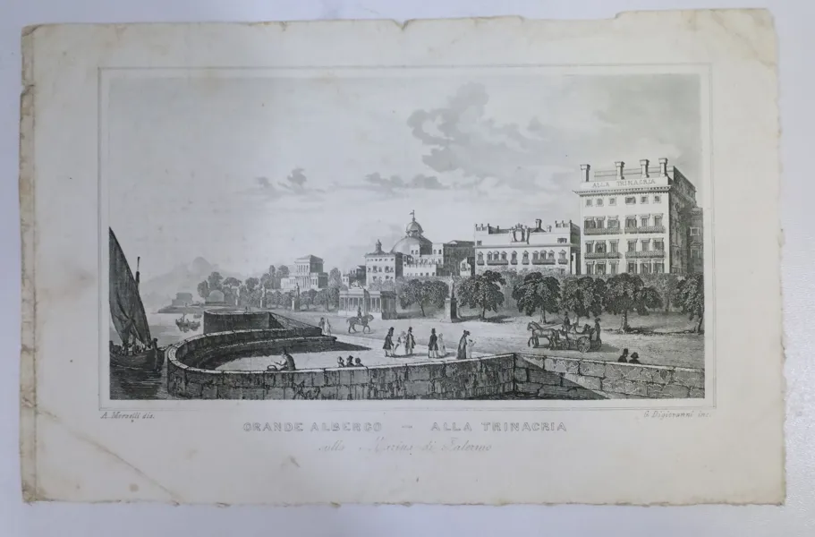 ITALIEN. "Grande Albergo – Alla Trinacria sulla Marina di Palermo". Litografi, 1800-tal.