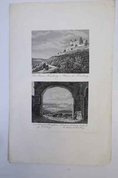 TYSKLAND. Två kopparstick med vyer över Trimburgs slottsruin (Ruine Trimburg), 1800-talets första hälft.