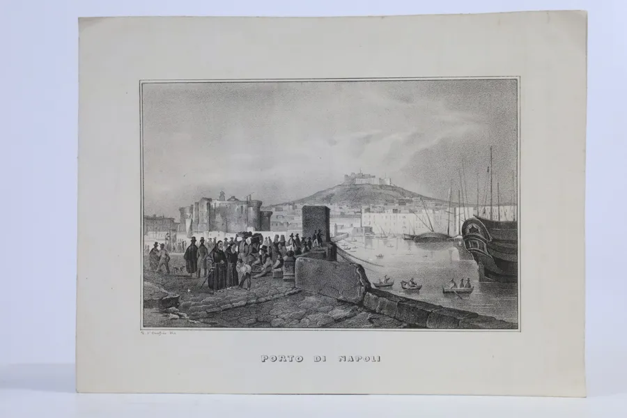 ITALIEN. "Porto di Napoli". Litografi/stålstick efter G. D'Angelo, 1800-talets mitt.