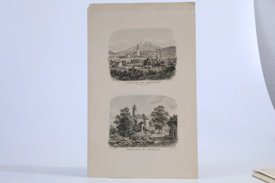 KOPPARSTICK. TYSKLAND, Bayern, Siegsdorf och Maria Eck, två vyer på samma blad, ca 1850.