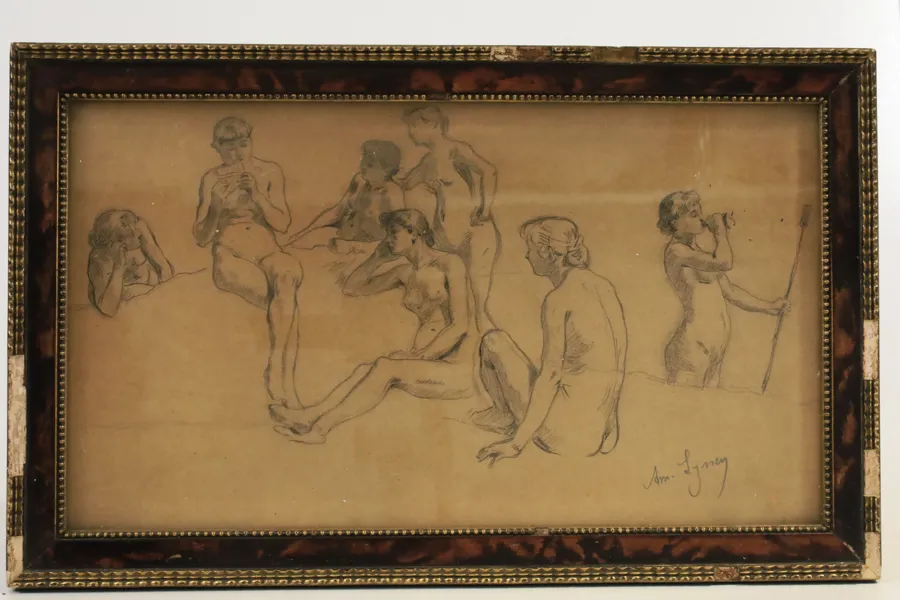 TECKNING. BELGIEN, Amédée Lynen (1852–1938), akademisk figurstudie med kvinnliga modeller, blyerts på papper, signerad.