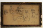 TECKNING. BELGIEN, Amédée Lynen (1852–1938), akademisk figurstudie med kvinnliga modeller, blyerts på papper, signerad.
