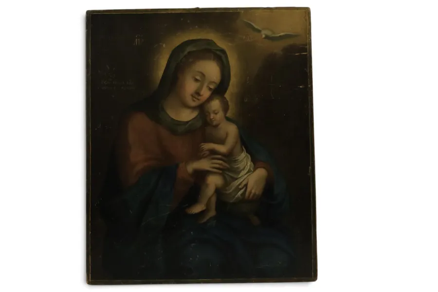 IKON, Ryssland, daterad 1703, Guds Moder med Jesusbarnet, olja/tempera på träpanel