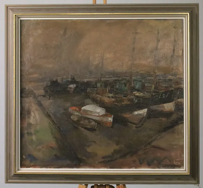 Pierre Verbeke (1895–1962), BELGIEN, troligen. Hamnmotiv med fiskebåtar.