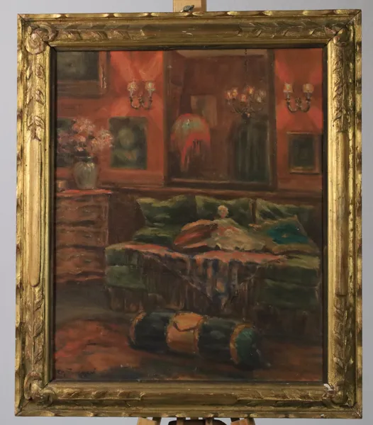 BELGIEN, 1900-TAL. INTERIÖR MED SALONG OCH SÄNG, OLJA PÅ DUK, SIGNERAD OLÄSLIGT