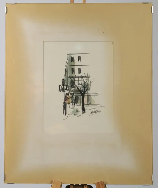OKÄND KONSTNÄR. STADSMOTIV MED FIGURER, TUSCH OCH AKVARELL PÅ PAPPER, SIGNERAD OCH DATERAD 1962