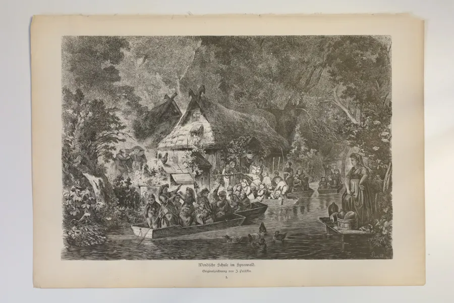 TYSKLAND. J. PUSCHKIN, konstnär, ”Wendische Schule im Spreewald”, trägravyr, 1800-tal