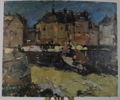 OIDENTIFIERAD KONSTNÄR, hamnmotiv med båtar och stadsbebyggelse, olja på pannå, 1900-tal