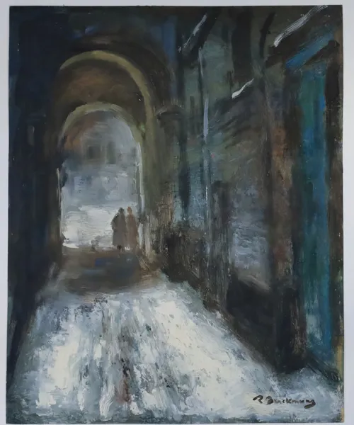 OIDENTIFIERAD KONSTNÄR, signerad stadsmotiv med figurer under valvgång, olja på pannå, 1900-tal