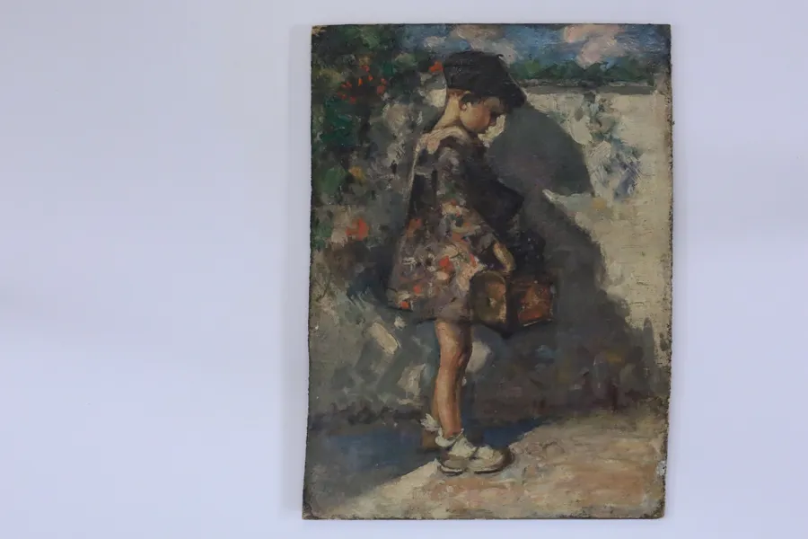 OIDENTIFIERAD KONSTNÄR, kvinna med barn vid blomsterstånd, olja på pannå, tidigt 1900-tal