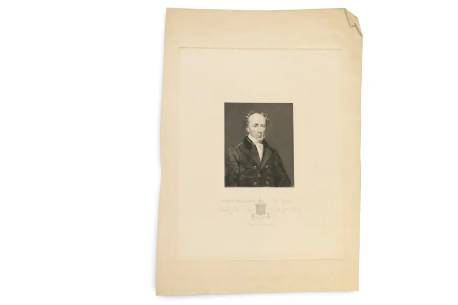 STORBRITANNIEN, LONDON. GEORGE CLINT (1770–1854), EFTER; CASTLE, GRAVÖR. PORTRÄTT AV JAMES MORISON (1770–1840), ”THE HYGEIST”, STIPPELGRAVYR, 1828.