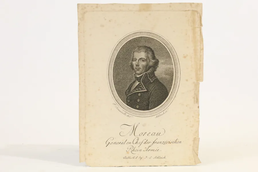 TYSKLAND. JEAN-VICTOR-MARIE MOREAU (1763–1813), EFTER BONNAVILLE; JOHANN CARL SCHLEICH (1759–1842), GRAVÖR OCH UTGIVARE. PORTRÄTT AV GENERAL MOREAU, KOPPARGRAVYR, OMKRING 1800.