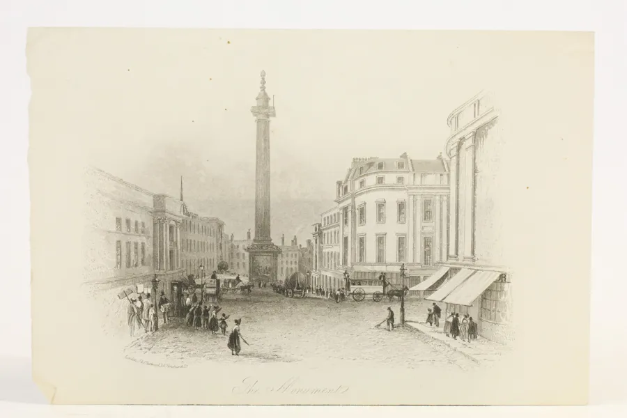 ENGLAND, LONDON. J. & F. HARWOOD, UTGIVARE. ”THE MONUMENT”, STÅLGRAVYR, OMKRING 1840.