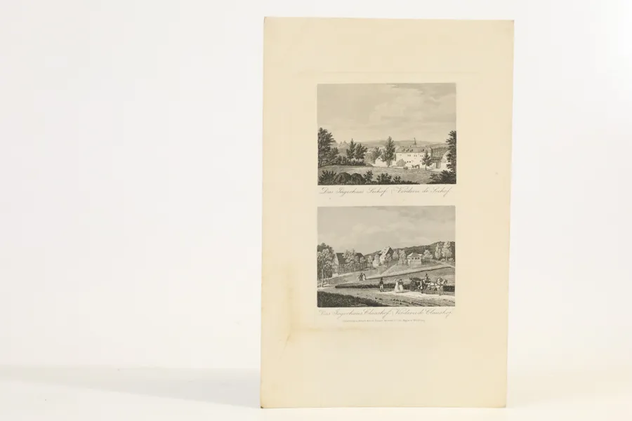TYSKLAND. ”DAS JÄGERHAUS SEEHOF / VÉNERIE DE SEEHOF” OCH ”DAS JÄGERHAUS CLAUSHOF / VÉNERIE DE CLAUSHOF”. TVÅ STÅLGRAVYRER, 1800-TALET.