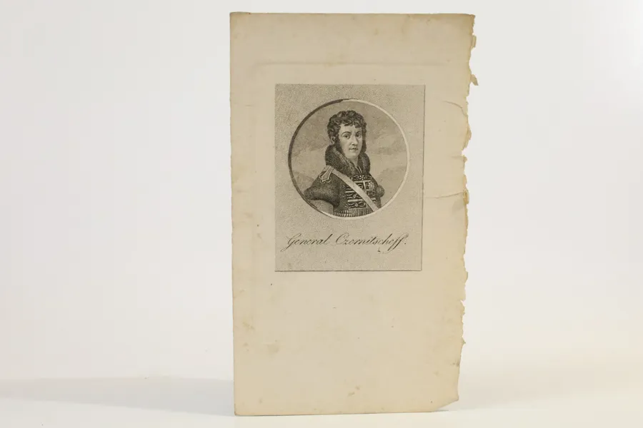 RYSSLAND. ALEKSANDR IVANOVITJ TJERNYSJOV (1786–1857), ”GENERAL CZERNISCHEFF”, PORTRÄTTGRAVYR, OMKRING 1813.