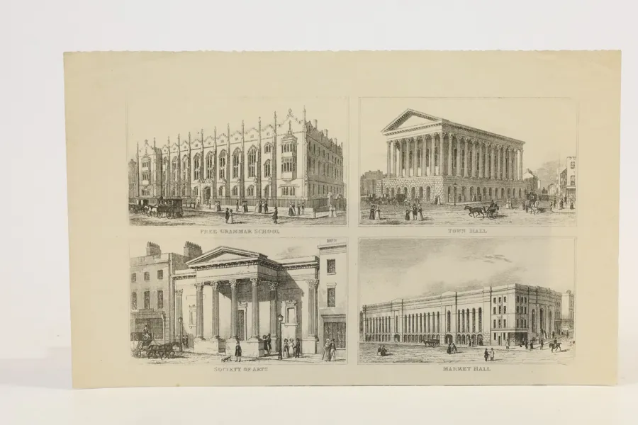 ENGLAND, BIRMINGHAM. FYRA VYER ÖVER OFFENTLIGA BYGGNADER, OMKRING 1840