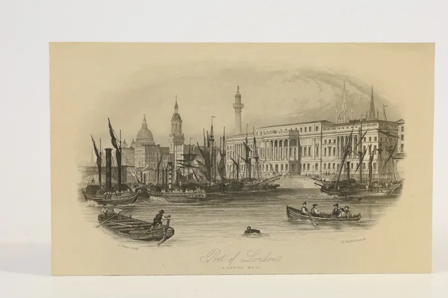 STORBRITANNIEN. JOHN SHURY, ”PORT OF LONDON – LOOKING WEST”, UR HARWOOD’S ILLUSTRATIONS OF LONDON, OMKRING 1851