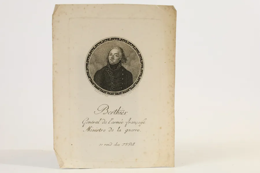 FRANKRIKE/TYSKLAND
Theodor Vincenz Poll, efter Mlle Roze
Berthier – Général de l’armée française, Ministre de la guerre
Omkring 1800
Punktgravyr och etsning.