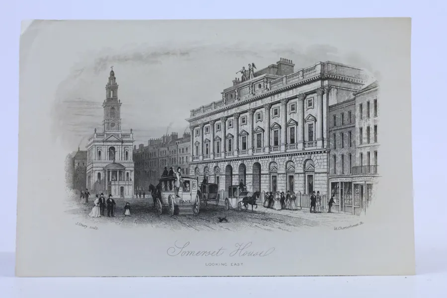 SOMERSET HOUSE OCH ST MARY-LE-STRAND, LONDON, STÅLSTICK AV JOHN SHURY, OMKRING 1840