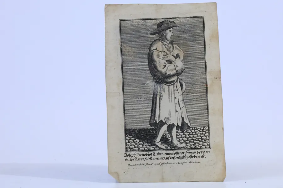 TYSKLAND, BENEDIKT JOSEPH LABRE, ANDAKTSBLAD, KOPPARSTICK AV MAAG I MÜNCHEN, 1780-TAL