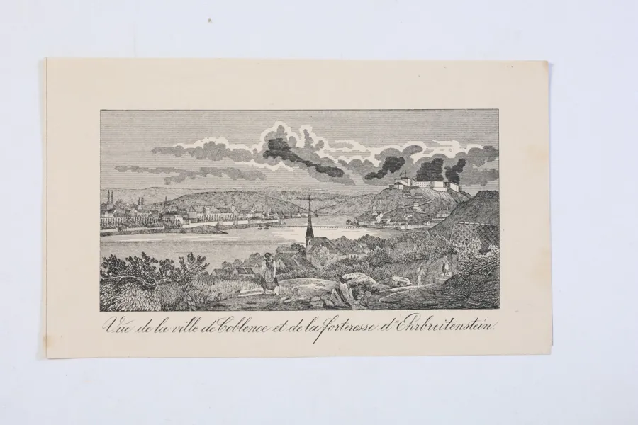 TYSKLAND, KOBLENZ OCH FÄSTNINGEN EHRENBREITSTEIN, TOPOGRAFISKT STICK, 1800-TALETS FÖRSTA HÄLFT