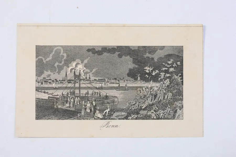 TYSKLAND, BONN VID RHEN, PANORAMAVY MED FÄRJETRAFIK, TOPOGRAFISKT STICK, 1800-TALETS FÖRSTA HÄLFT
