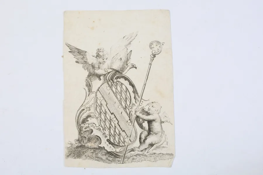 TYSKLAND, BAYERN, HERALDISKT VAPEN MED PUTTI OCH KRÄKLA, KOPPARSTICK, 1700-TAL
