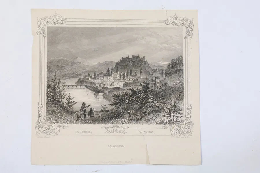 ÖSTERRIKE, SALZBURG MED FÄSTNINGEN HOHENSALZBURG, GEORG MICHAEL KURZ, STÅLSTICK, OMKRING 1845