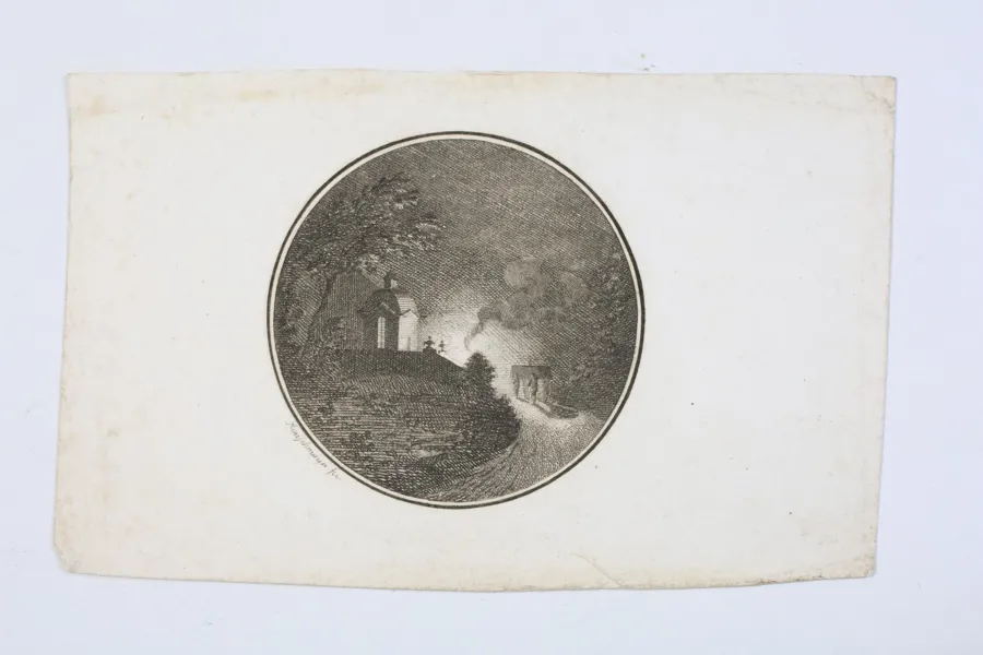 TYSKLAND, ROMANTISKT LANDSKAP MED KAPELL OCH VANDRARE, CIRKULÄRT KOPPARSTICK, OMKRING 1800