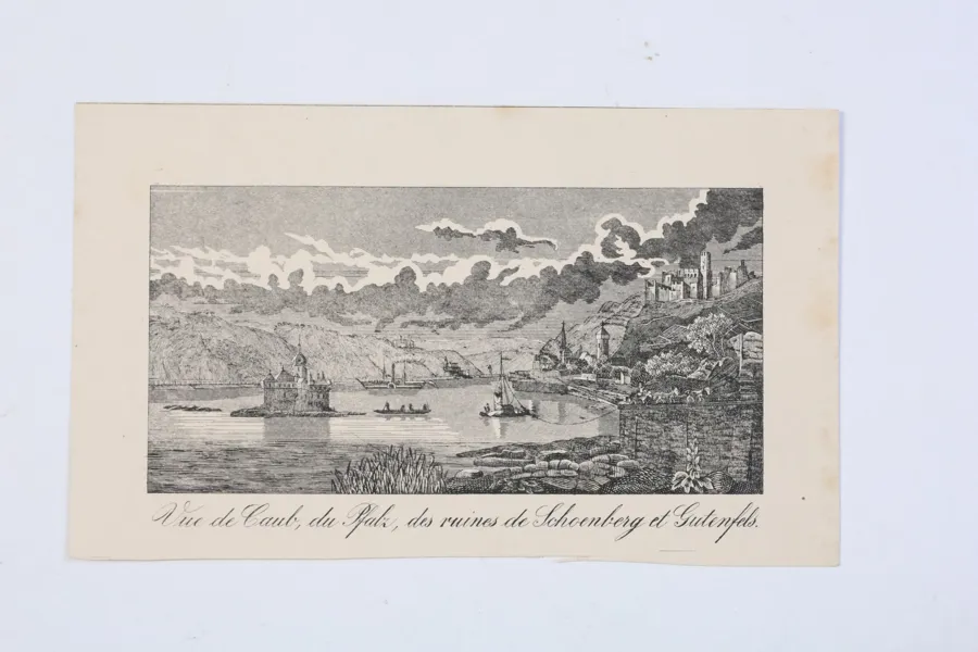 TYSKLAND, KAUB VID RHEN MED PFALZGRAFENSTEIN, GUTENFELS OCH SCHÖNBERG, TOPOGRAFISKT STICK, 1800-TALETS FÖRSTA HÄLFT