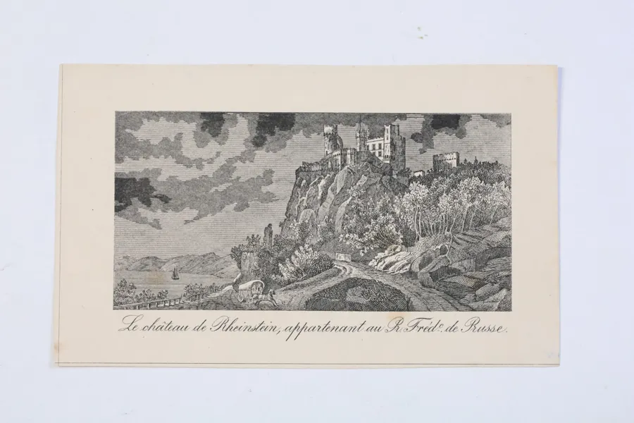 TYSKLAND, SLOTTET RHEINSTEIN VID RHEN, TOPOGRAFISKT STICK, 1800-TALETS FÖRSTA HÄLFT