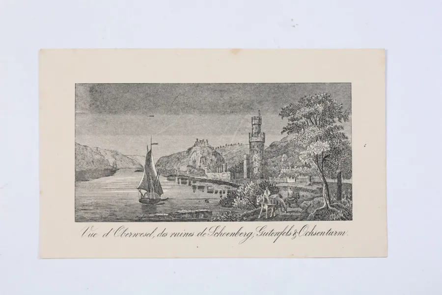 TYSKLAND, OBERWESEL VID RHEN MED OCHSENTURM OCH BORGRUINER, TOPOGRAFISKT STICK, 1800-TALETS FÖRSTA HÄLFT